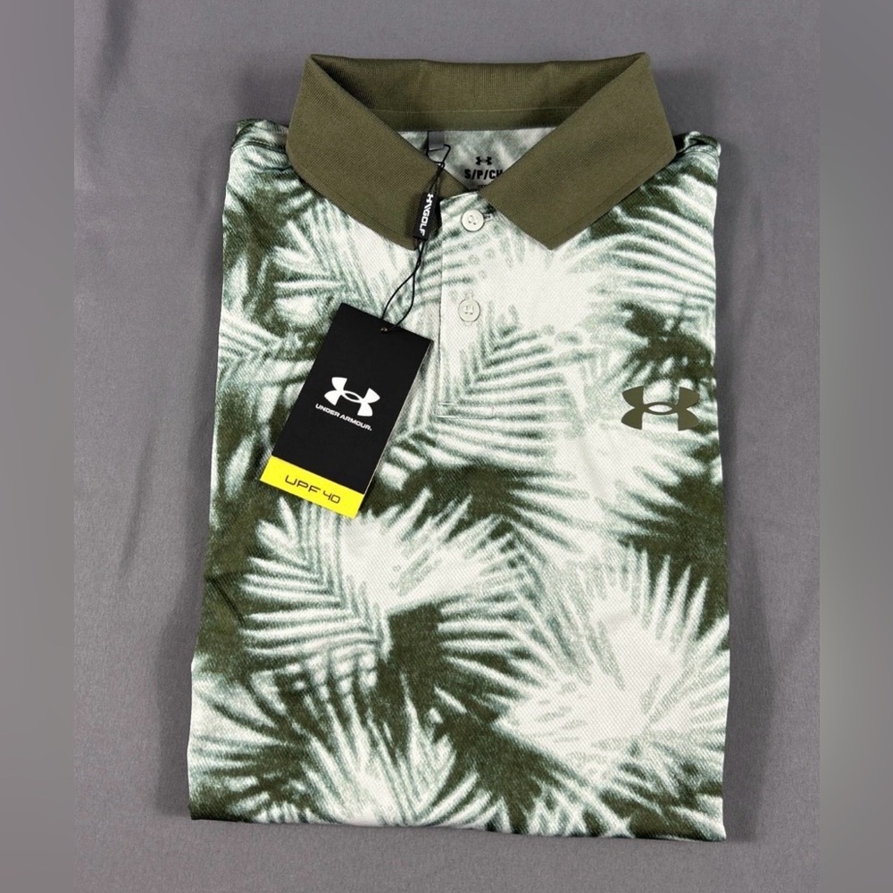 Under Armour Golf Shirt Polo Tropical Print Small Green Polyester